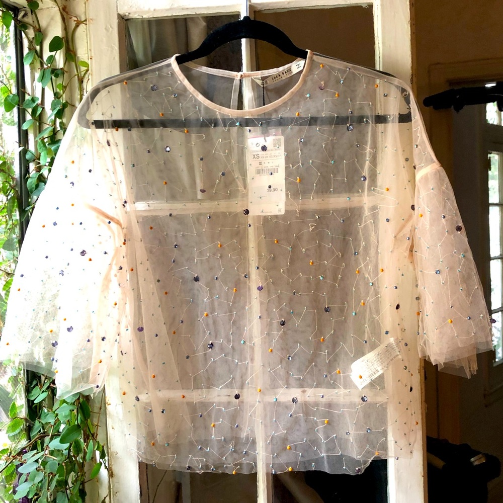 Zara XS Pink Beaded Tulle Blouse NWT